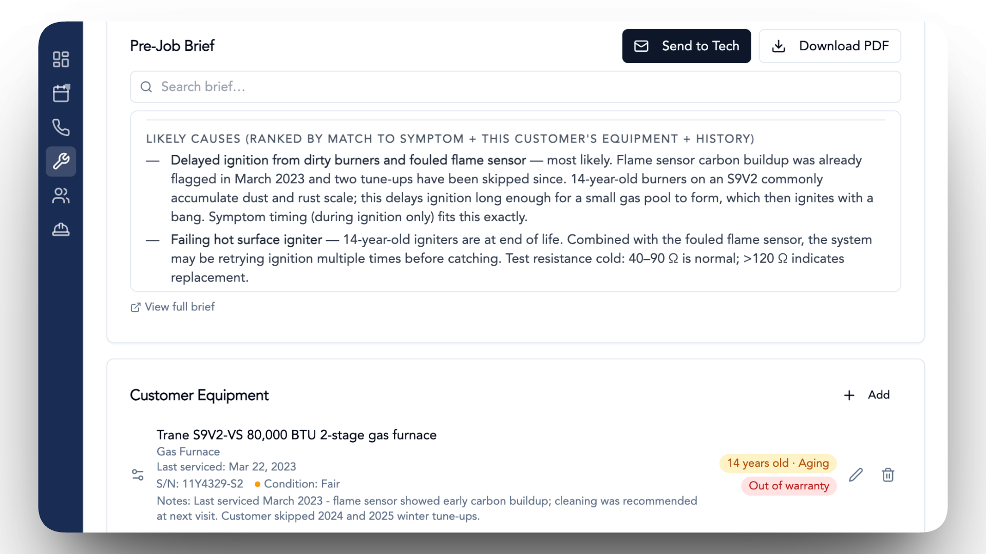 Kelby field assistant — pre-job brief with equipment history and likely causes